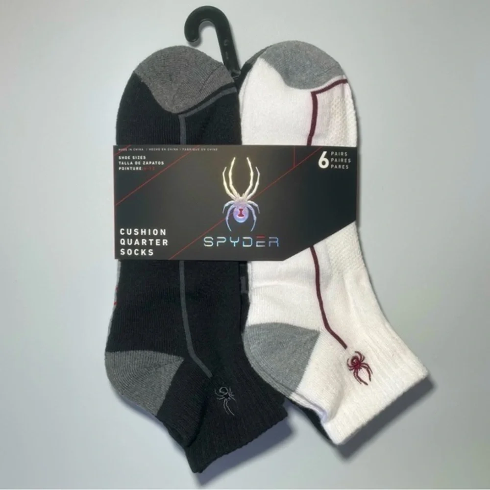 Spyder men’s quarter socks 6 pairs size 6-12 white black gray red maroon